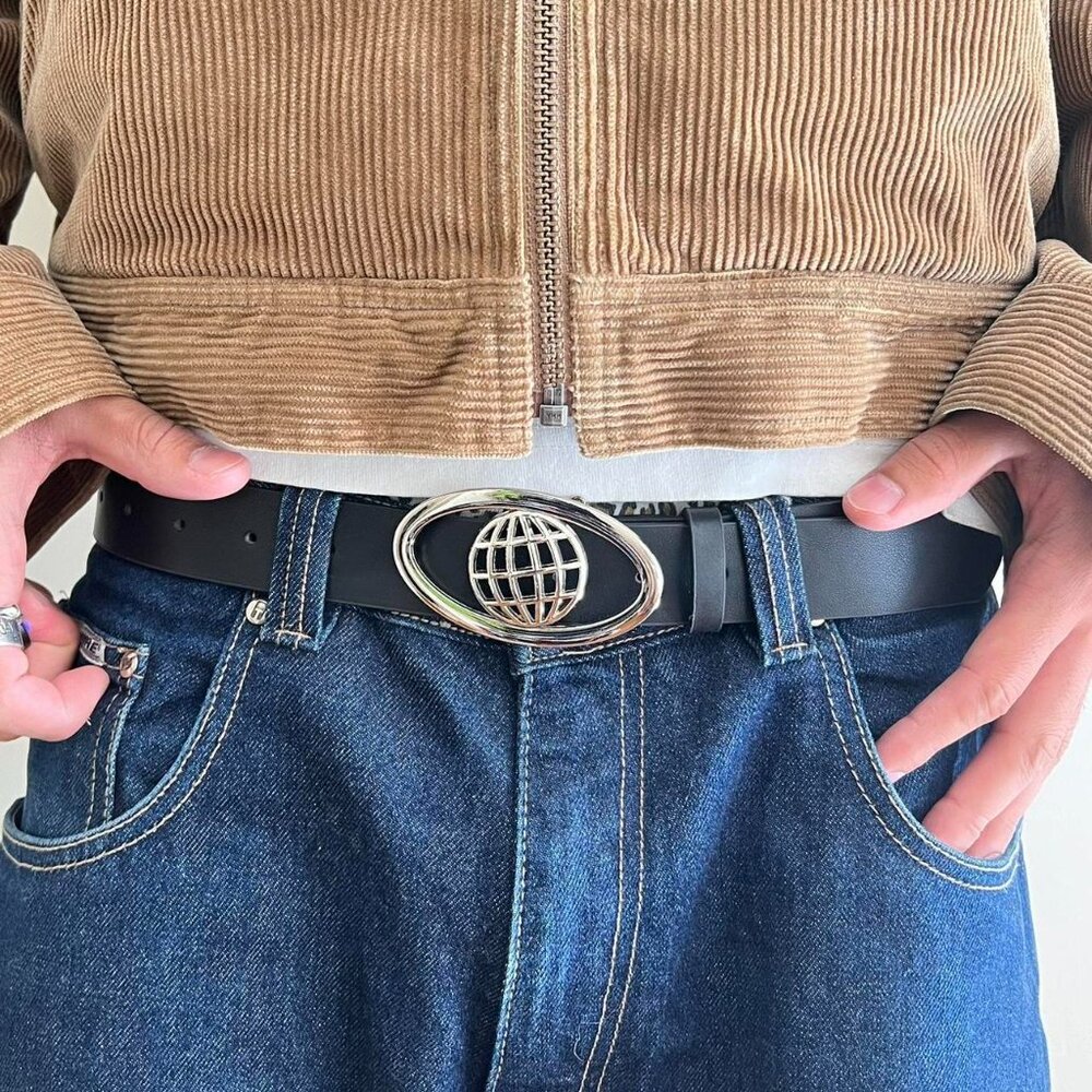 y2k 2000s chrome worldwide futuristic emblem black and silver grunge emo belt - Picture 6 of 8